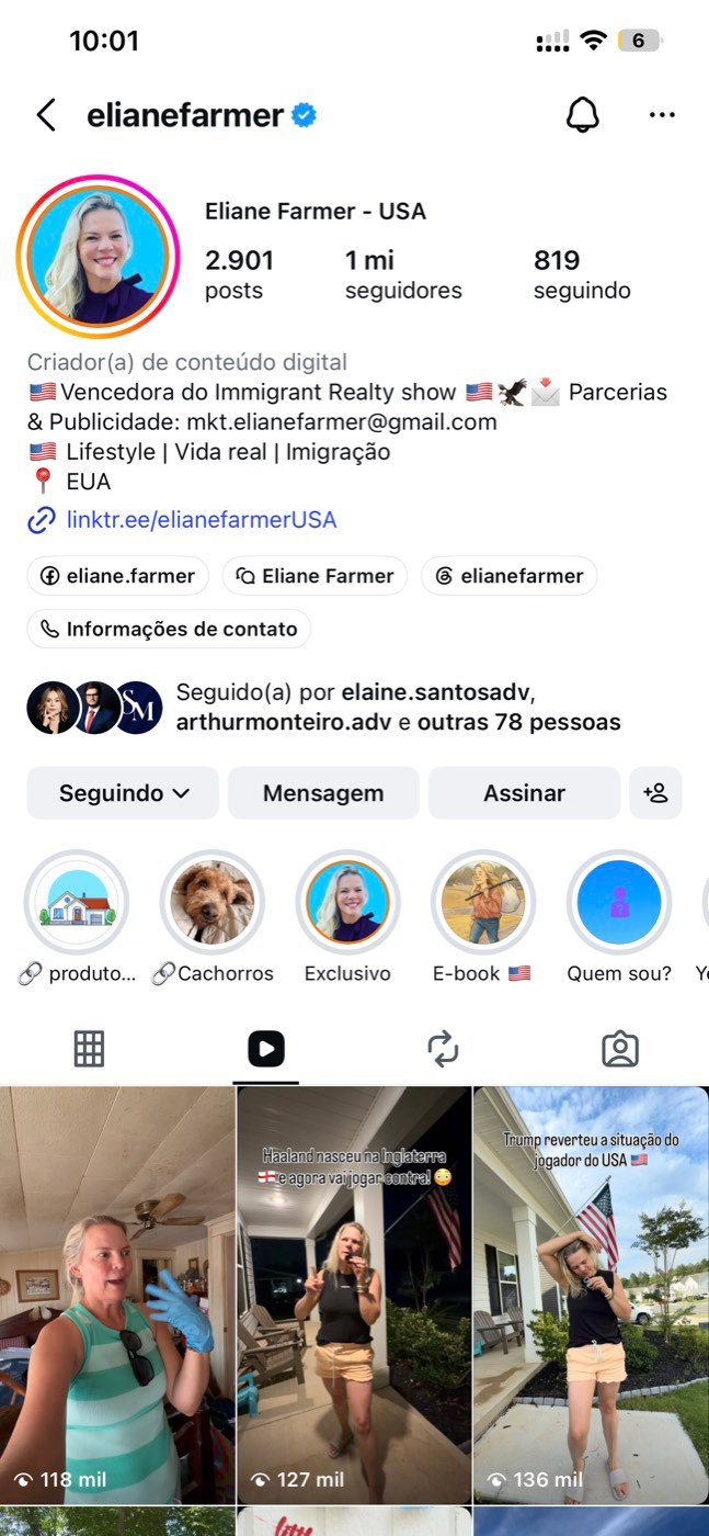 Perfil verificado de Eliane Farmer no Instagram com 1 milhão de seguidores